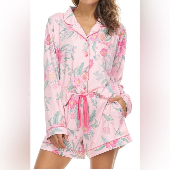 NWT flora long sleeve notch collar shorts pj set in pink w Flowers size … - Picture 1 of 4